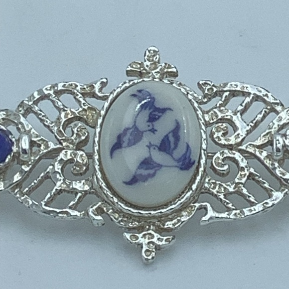 Silver-Tone Filigree Brooch with Blue/White Bird Design - Picture 2 of 9